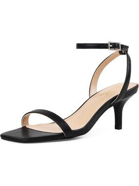 Women's Black Kitten Low Heels Square Open Toe Ankle Strap Sandals Strappy Heels